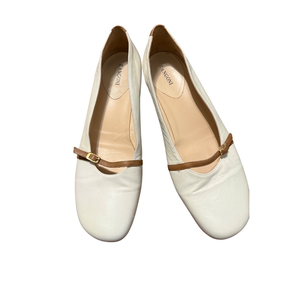 Rangoni Italy Womens 9.5 B Leather Wedge Pumps White‎ Tan Mary Jane Buckle Strap